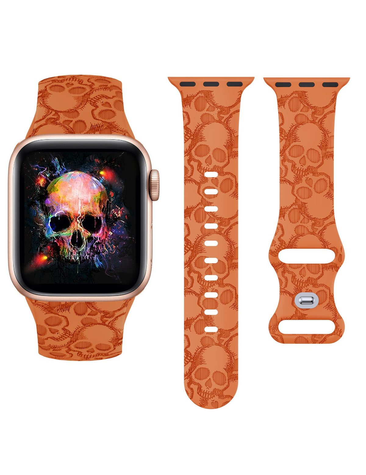 Halloween Skull Engraved Silicone Band Compatible with Apple Watch Band 41mm/40mm/38mm for Women Men Kids Sport Halloween Stylish Strap Replacement for iWatch Series 9/8/7/6/5/4/3/2/1/SE Pumpkin - GHAVASTORE